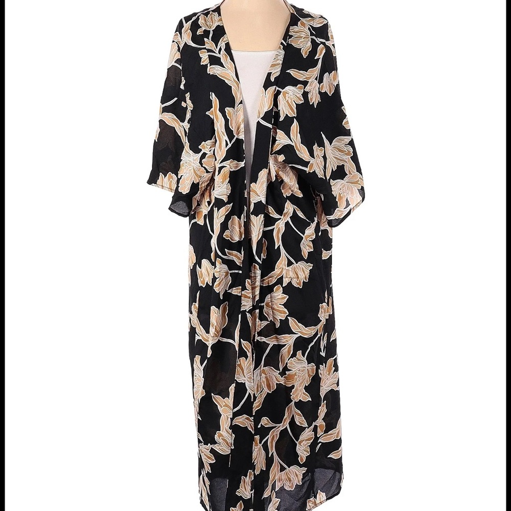 Maison Du Soir Selena Kimono S/M Black Gold Floral Belt Duster Jacket Robe J7 - Picture 2 of 12